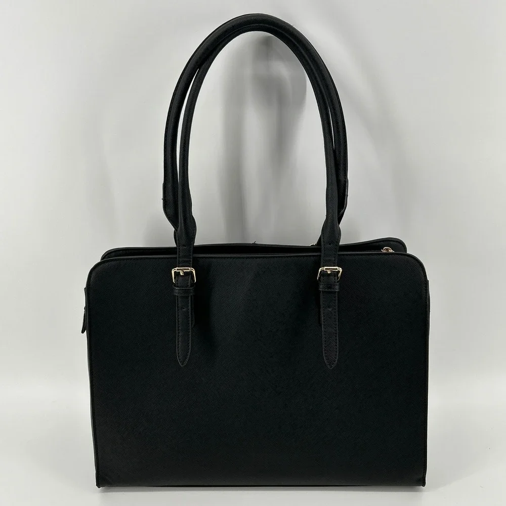 Black Saffiano Faux Leather Laptop Strap Tote Commuter Bag Work Briefcase Travel